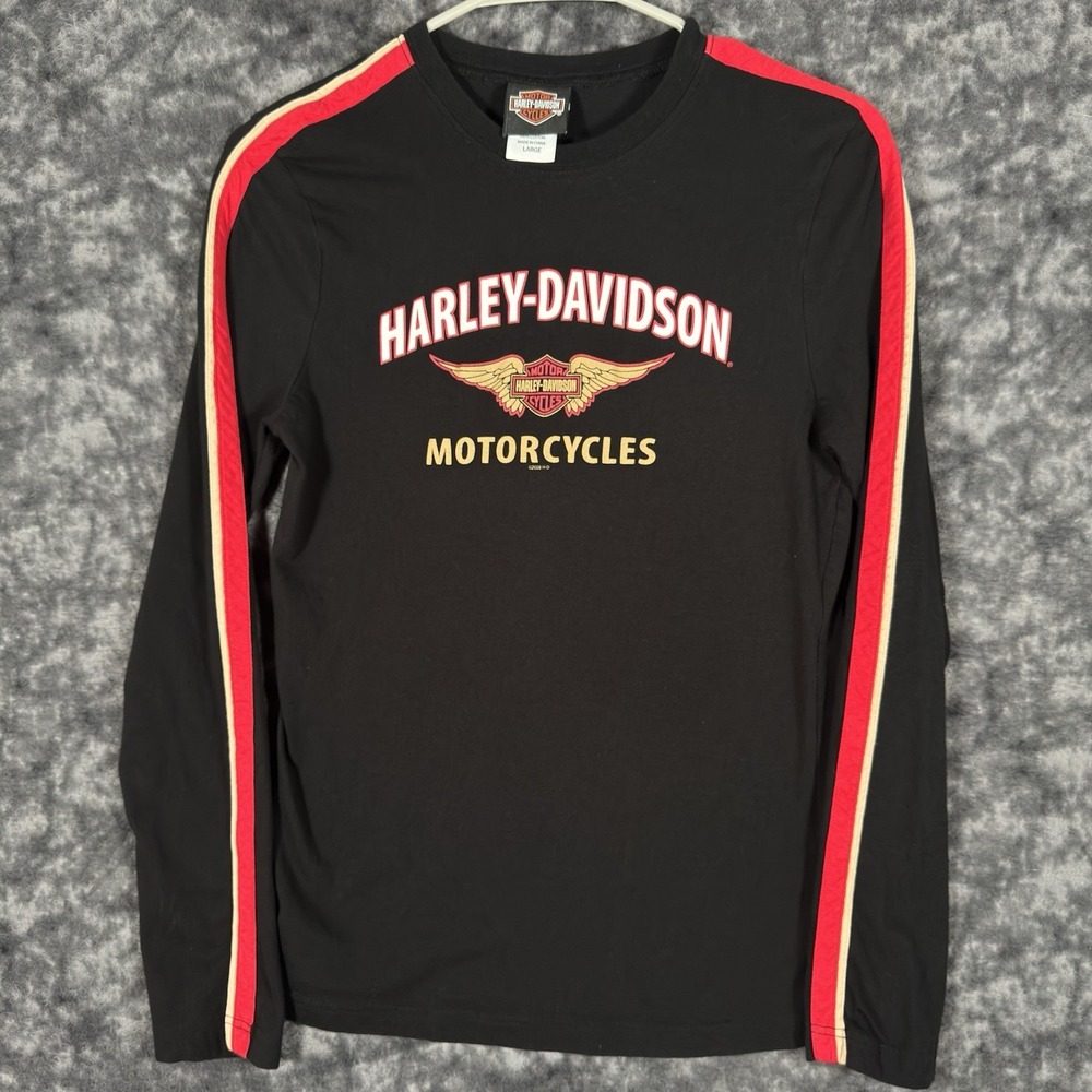 Harley Davidson Red Stripe Long Sleeve Shirt Womens Size L Black Sacramento
